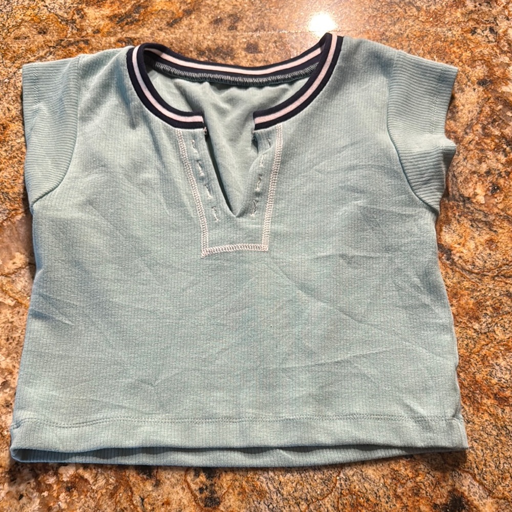 Blue Short Sleeve Tee with V-Neck and Relaxed Fit